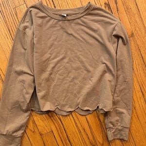 Brown Long Sleeve Scalloped Hem Top